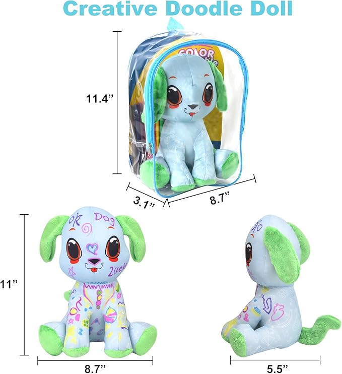 Coloring Plush Toy with 12 Washable Markers for Little Girls Doodle Dolls Arts and Crafts Soft DIY Washable Doodle Stuffed Animal Toy for Kids Ages 4-6 Birthday (Green Puppy)