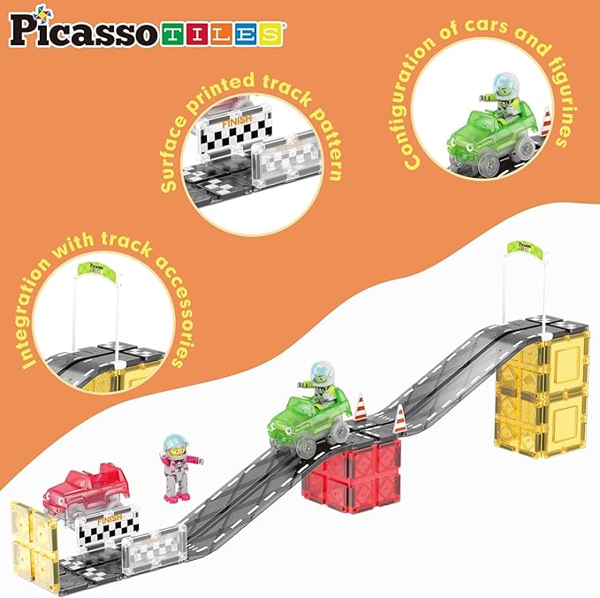 PicassoTiles Magnet Tile Race Car Track Construction Building Block Toy Kit with Character Action Figures and Racing Cars Magnetic Tiles STEM Educational Learning Pretend Play Blocks Kids Age 3+ PTR05