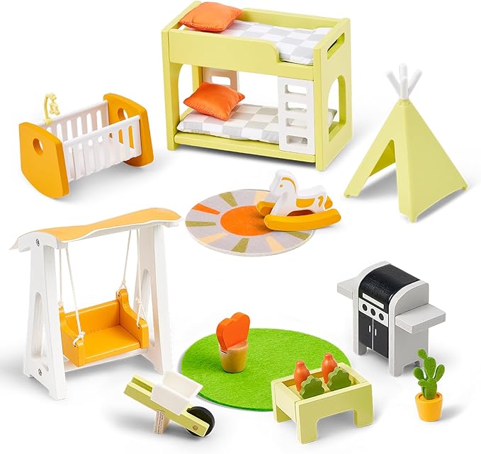 Giant bean 21pcs Wooden Plastic Dollhouse Furniture Set, Patio and Babyroom Set, Green Dollhouse Accessories Pretend Play Furniture Toys for Boys Girls Kids & Toddlers 3 4 5 6 Years up