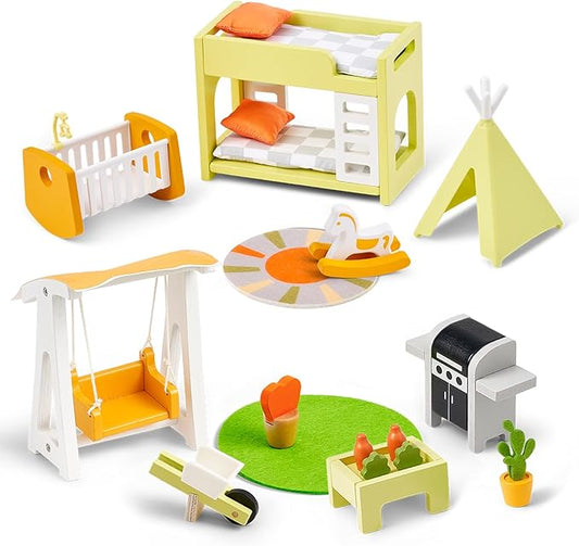 Giant bean 21pcs Wooden Plastic Dollhouse Furniture Set, Patio and Babyroom Set, Green Dollhouse Accessories Pretend Play Furniture Toys for Boys Girls Kids & Toddlers 3 4 5 6 Years up