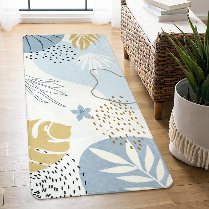 Lahome Boho Rug Runner - 2x4 Area Rug Non-Slip Washable Soft Bathroom Runner Rug Small Throw Long Bath Rug Blue Kitchen Runner, Botanical Print Foor Mats Runner Rug for Bedroom Hallway Laundry Room