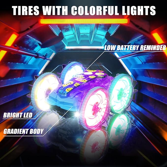 Amphibious Remote Control Car, 4WD Waterproof RC Stunt Car Toys with LED Lights, 360°Rotation RC Boat Water Beach Pool Toys for Boys, Christmas Birthday Gifts Toys for Kids Ages 4-7 8-12 Year Old