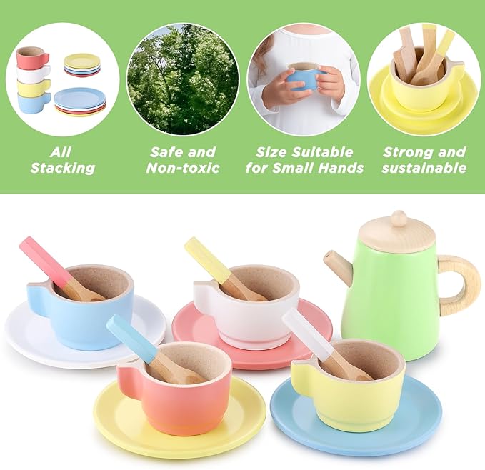 GAGAKU Wooden Tea Set and Wooden Play Dishes 2 in 1 Play Food Set Toy 28 PCS Montessori Wooden Play Kitchen Accessories Kitchen Toy for Toddlers Wooden Play Cooking Set for 3-8 Years Girls and Boys