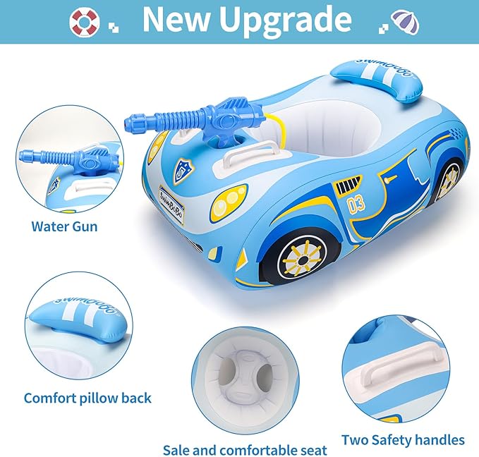Swimbobo Toddler Pool Float Pink Inflatable Airplane Car Baby Swim Float with Water Gun and Safety Seat Pool Toys for Kids 3+ Years Old