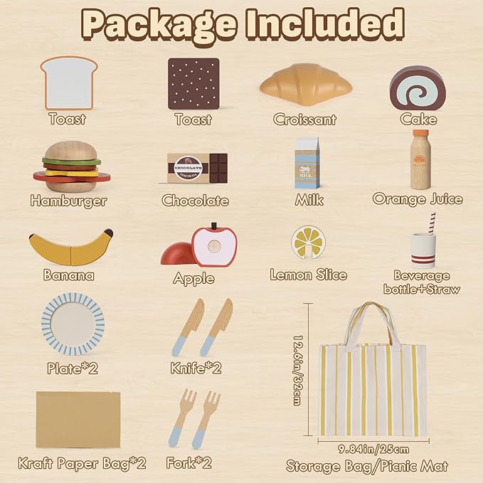Lehoo Castle Play Food Sets for Kids Kitchen, Wooden Toys Food for Toddlers 1-3, Pretend Picnic Play Set, Cutting Food Toys, Gift for Girls Boys 3 4 5 6