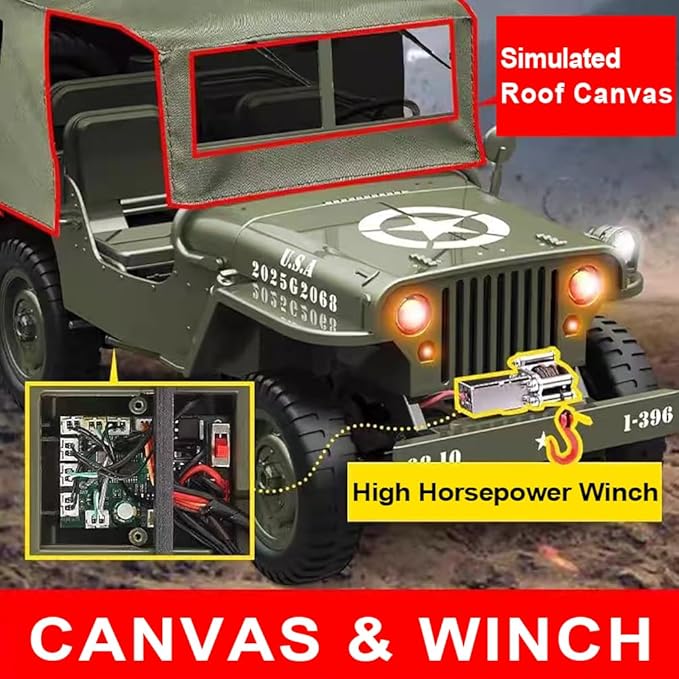 RC Military Truck Rock Crawler, 1:10 4WD Off-Road Remote Control Military Jeep with Winch, Canvas & 2 Batteries, 2.4G All Terrain Army Climbing Vehicle with LED Lights, for Kids Adult