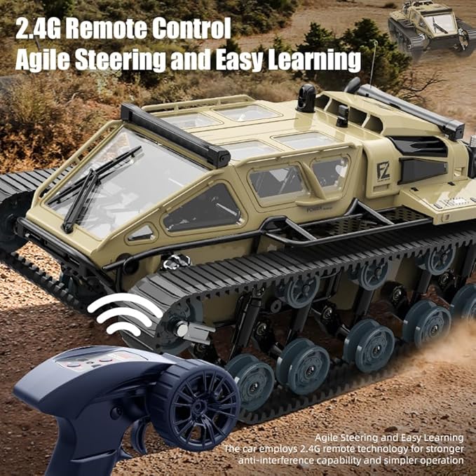 RC Tank Car, 1:16 Remote Control Crawler 10KM/H High Speed Tank, 2.4Ghz RC Rock Crawler Off-Road 4WD 360°Rotating Drifting Car with 2 Batteries, Military Truck Toy for Kids
