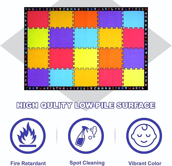 LIVEBOX Classroom Rugs Elementary for Kids, Washable School Learning Area Rugs, Colorful Preschool Children's Classroom Carpet Non-Slip Playroom Rug for Home Learning, 6'x9'(Seats-20)