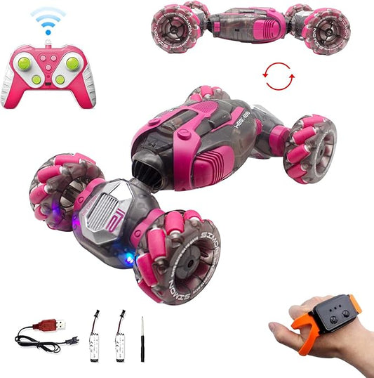 Remote Control Twist Car Gesture Sensing RC Stunt Cars 360°Rotation 4WD Toys Car for Kids Age 7-14 Year Old Transform Car with Lights Music for Boys Girls Birthday Xmas Gifts (Pink)