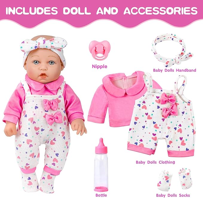 12" Baby Doll with Pink Bowknot Clothing Set,12 Inch Realistic Baby Dolls with Clothes and Accessories,Pacifier Bottle Toy Pretend Play Collection for 3+ Child Girls Gifts