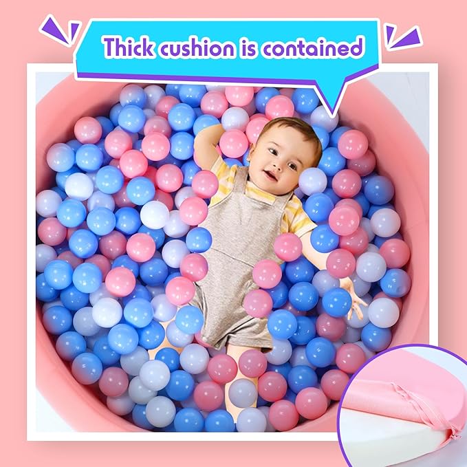 Foam Ball Pit for Toddlers with 100 Balls, Large Baby Ball Pit for Babies with Soft Memory Sponge, Indoor Outdoor Baby Playpen, Kids Play Ball Pool (Pink with 100 Balls, 34 x 11.5 Inch)