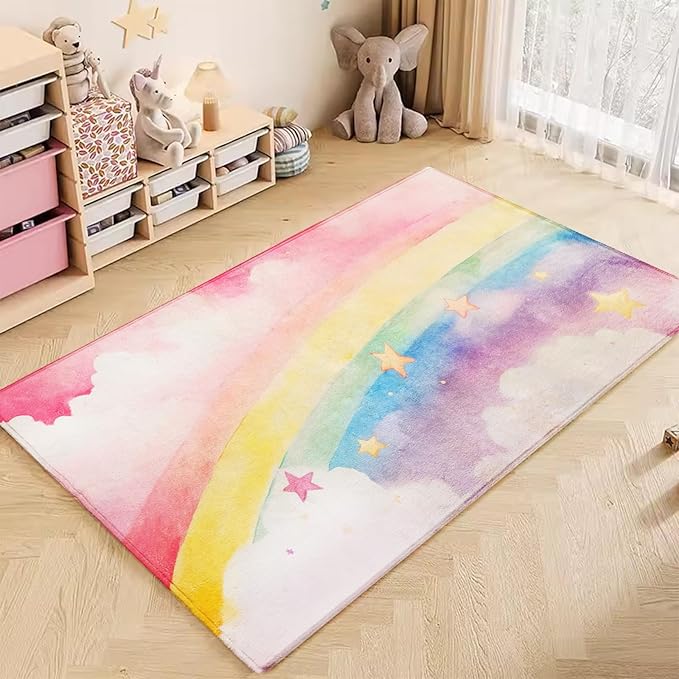 ABREEZE Kids Rainbow Play Mat Ultra Soft for Room, 3.3'x5' Non Slip Multi Color Children Nursery Area Rug Baby Carpet for Bedroom Decor Playroom Living Room