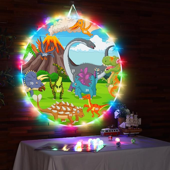 36" Large LED Dart Board, Double Sided Dartboard with 20 LED Sticky Balls Dinosaur Fun Giant Dartboard Shooting Toys Indoor Outdoor Sport Toys Dartboards Party Play Game Toys, Birthday Gifts