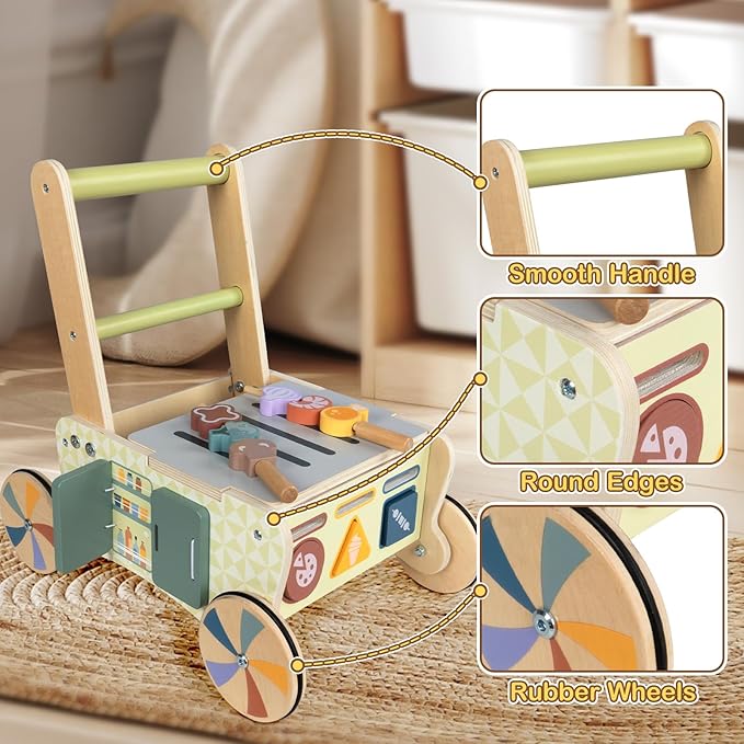 Baby Push Toys, Wooden Play Kitchen Food Cart, Montessori Acitivty Center Walker Toys for 1 2 Year Old Girl Boys Gifts