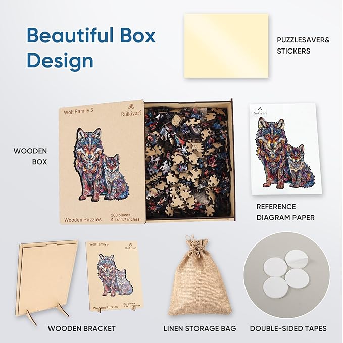 Wolf Family 200 Pieces Wooden Jigsaw Puzzles for Adults with Unique Irregular Shape Fun Challenging Animal Puzzles for Kids and Couples on Birthday,Children’s Day,Christmas 9.4"*13"
