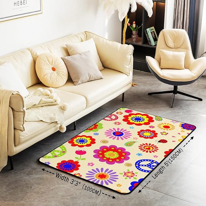 Kids Colorful Flowers Cute Area Rug 3x5 Hippie Peace Symbol Rug for Girls Kawaii Groovy Floral Power Carpet Cartoon Garden Botanical Ladybug Non Slip Decorative Rug for Living Room