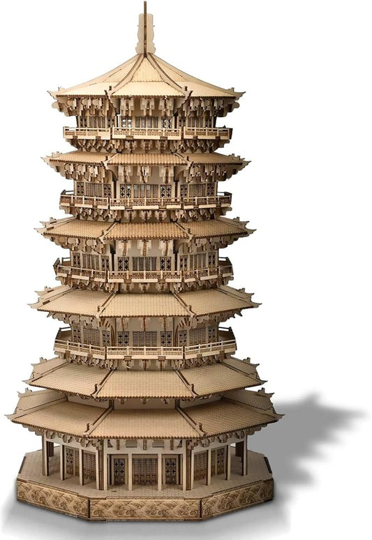 Wooden Pagoda 3D Puzzle for Adults - Wooden Puzzles, Creative Crafts for Adults, Birthday Christmas Party Favors Home Decor Gift - Six-Storied Pagoda with LED Light (1287pcs)