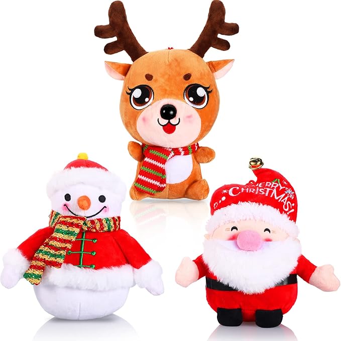 Threan 3 Pcs Christmas Plush Toy Doll Set Christmas Santa Stuffed Animal Toy Reindeer Cute Snowman Elk Claus Plush Gifts Xmas Party Favors Home Office Decor for Adults Boy Girl(Snowman, Santa, Elk)