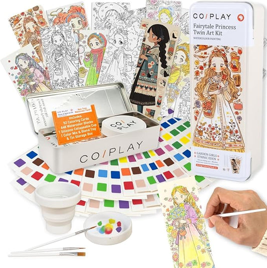 COIPLAY 648 Color Blocks Watercolor Paint Set, 52-Bookmarks, 3 Brushes, Silicone Cup, Fairytale Princess Coloring Books, for All Ages, Travel-Friendly, Easy to Use,No Mess, All in One, Art Supplies