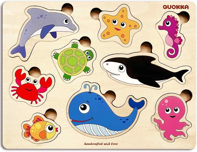 QUOKKA Wooden Puzzles for Toddlers 1-2 – 4 Set Pegged Puzzles for Kids Ages 1-2 – Animal Sea Learning Toy for Kids – Gift Realistic Educational Game for Boy and Girl
