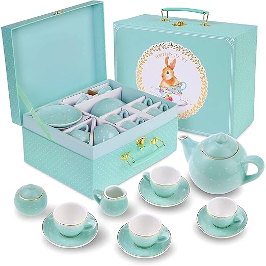 Jewelkeeper Porcelain Tea Set for Little Girls - 13-Piece Tea Party Set with Carrying Case - Kids Tea Set for Ages 3 and Above - Safe and Durable Mini Tea Cup and Saucer Set - Turquoise Polka Dot
