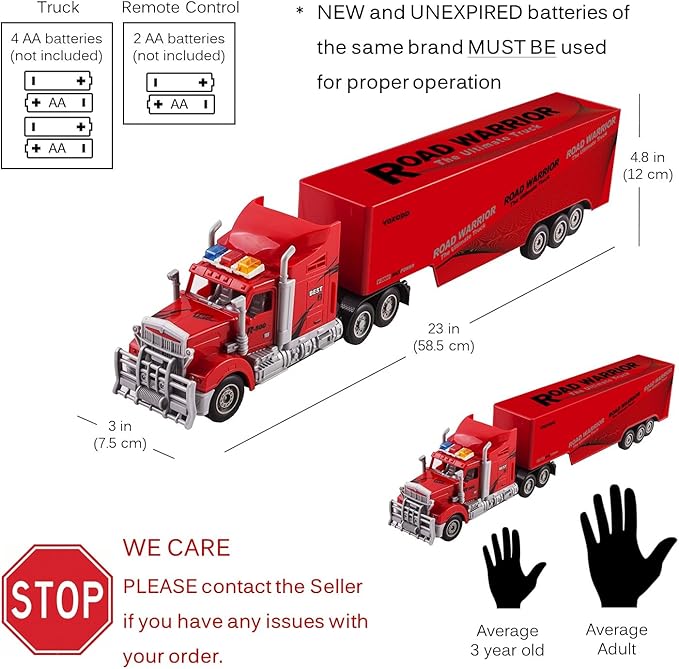 Vokodo RC Semi Truck and Trailer 23" with Lights Electric Hauler Remote Control Kids Big Rig Toy Carrier Van Transport Vehicle Ready to Run Semi-Truck Cargo Car Great Gift for Children Boys Girls Red