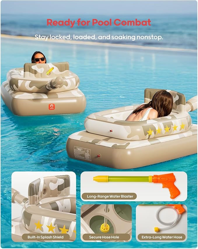 QPAU Inflatable Tank Pool Float for Adults & Kids – Ride-On Camouflage Floaty with Water Cannon, Swim Raft Toy for Boys Girls Ages 6+, Lake Beach Backyard Party Floaties