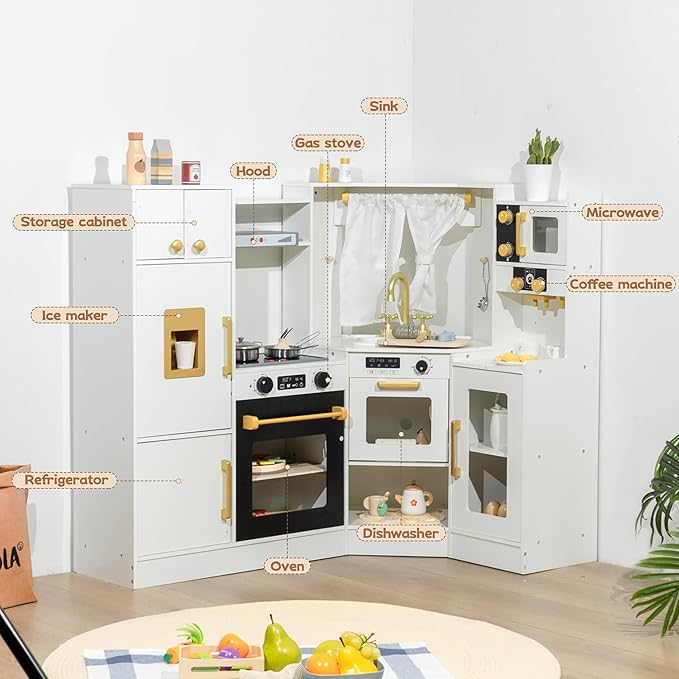 Interactive Wooden Toy Play Kitchen Playset for Kids – Realistic Lights & Sounds, Corner Design with 8 Accessories, Gift for Girls & Boys Ages 3+