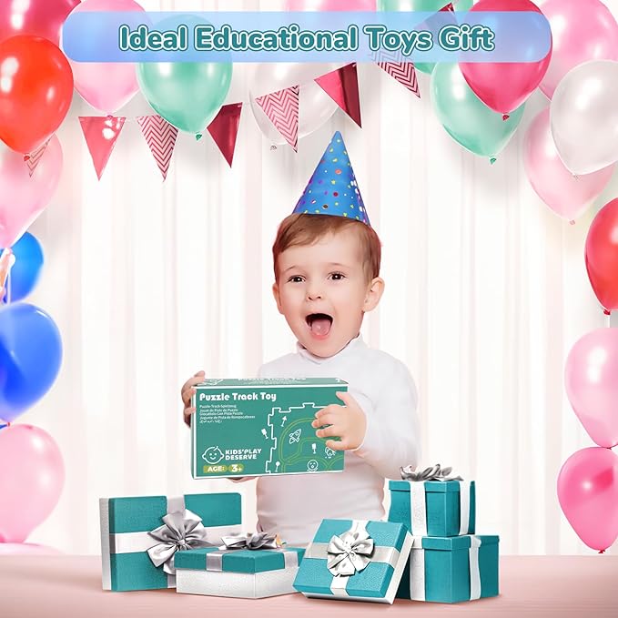 Puzzle Racer Kids Car Track Set with 2 Dino Cars, Kids Toys for 3-5 Year Old Boys, Montessori Toys for 3+ Year Old