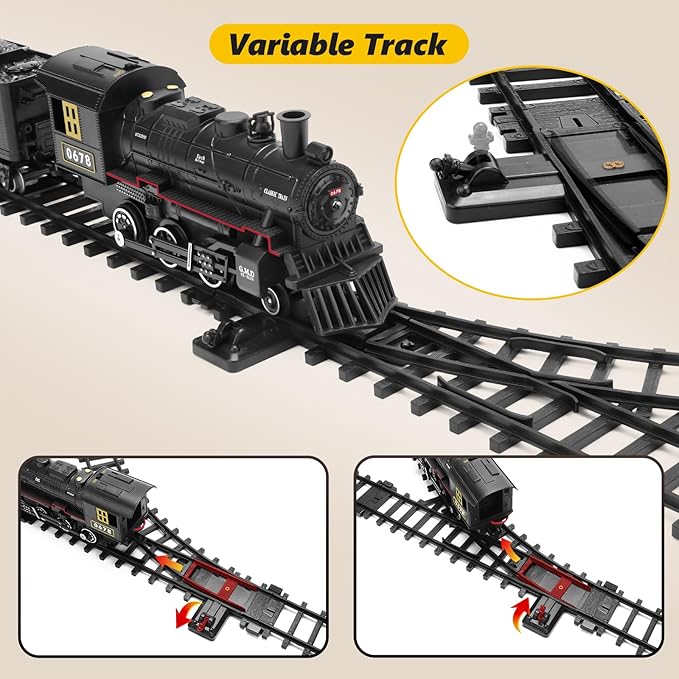 Train Set for Kids, Steam Locomotive Train w/Coal Car,Passenger Coach,Cargo Car & Long Tracks,Electric Train Railway Kits w/Smoke,Lights & Sound,Battery-Powered Train Toys Gift for Boys Girls