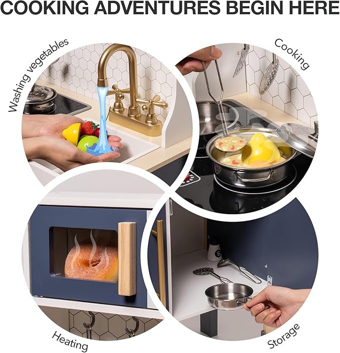 ROBOTIME Wooden Play Kitchen, Kids & Toddlers Kitchen Playset, Kids Play Kitchen Pretend Play Set with Lights & Sounds, Toy Kitchen for Ages 3+ (Blue)