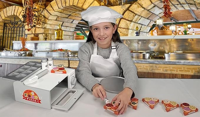 TEKOR Toys Toy Pizza Oven Set | Pizza Oven | Pizza Cutter | Server | 6 Slices | 18 toppings | Salt & Pepper Shaker | Menu | Money | Children Kids Apron & Chef Hat| Using Imagination and Endless Fun