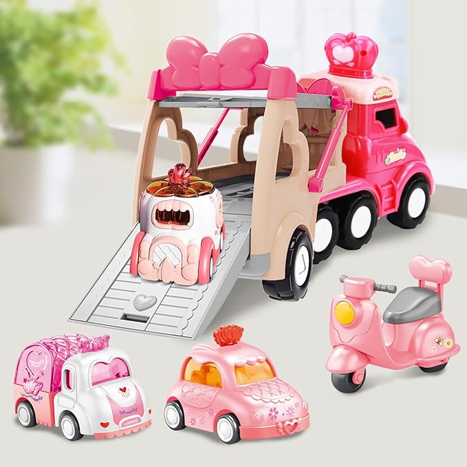 9 in 1 Carrier Truck Cars Toys for Girls Toddlers,Pink Princess Girl Car with Light and Sound,Toddler Girl Toys Age 1-2 2-4,Toys for 1 2 3 Year Old Girls Birthday for Baby Girl…
