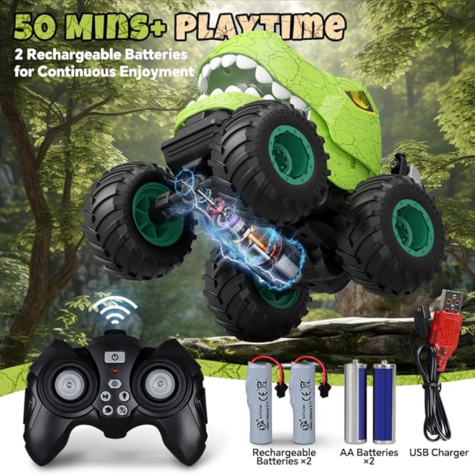 Dinosaur Remote Control Car for Kids Ages 3-5 6-12, Remote Control Monster Truck with Spray, Light, 360° Rolling&90° Driving, All Terrain Dinosaur Toy for Boys Birthday Gift