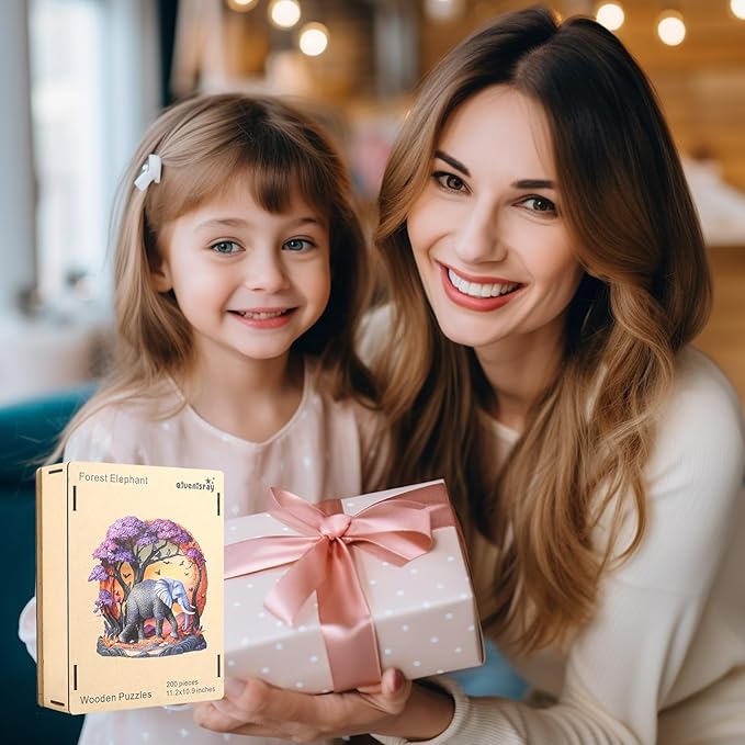 Wooden Puzzle for Adults 200 Pcs, 3D Vision Effect Elephant Forest Puzzle Unique Shape Advanced Jigsaw Puzzle, Challenge Wooden Jigsaw Puzzle for Family Game (11.2 x 10.9 in)