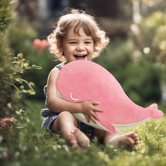 MUPI Whale Stuffed Animals Plush Pillow 4 Size Cute Soft Cotton Plushies Pillows Kawaii Blue Whale Toy Gifts for Kids Boys Girls Adults (Pink, 18 Inch)