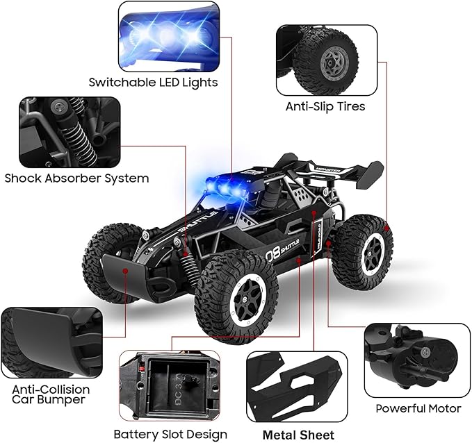 Remote Control Car for Kids 3 4 5 6 7+, 20 KM/H High-Speed RC Cars with LED Lights, 2.4GHz 2WD Monster Truck Toys, Rechargeable RC Car, Toy Cars for Girls Boys, Christmas & Birthday Gifts–Black