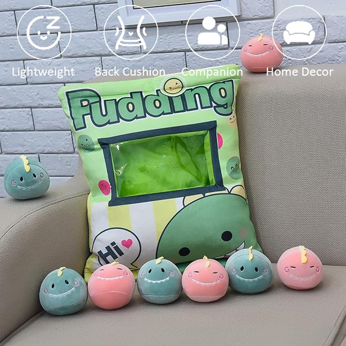 ARELUX Cute Dinosaur Plush Pudding Pillow:Snack Pillow Toys Bag Removable Stuffed Animal 8Pcs Sets Creative Plush,Soft Dino Plushie Throw Pillow,Dolls Friends Family Member