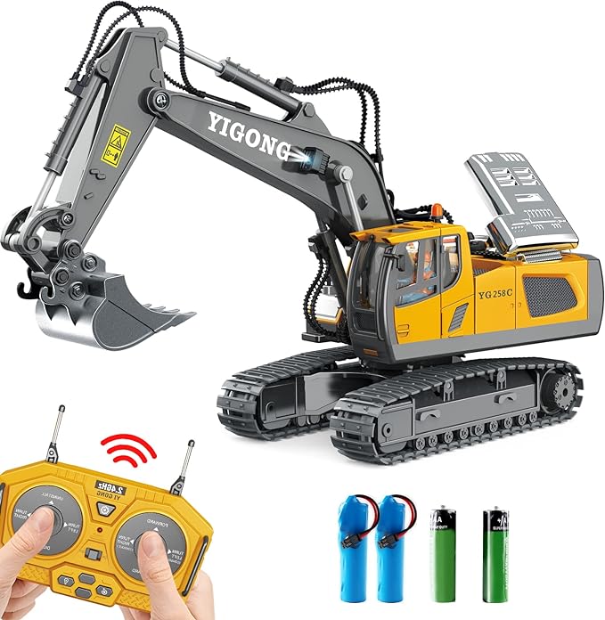 Dwi Dowellin Remote Control Excavator Toys for Boys,Construction Rc Excavators for Kids Age 4-7 8 9 10 Year Old,Ideal Toys,Batteries Included(Yellow)