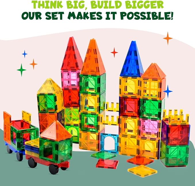 Magnetic Tiles 136 PCS with 2 Cars and 8 Extra Alphabets – STEM Building Blocks for Kids, Educational Gift for Boys & Girls