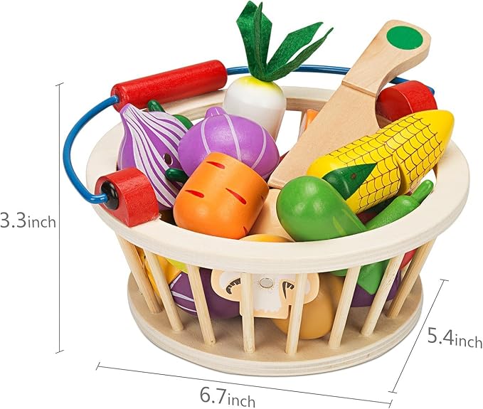 Victostar Magnetic Wooden Cutting Fruits Vegetables Food Play Toy Set with Basket for Kids