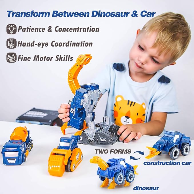 Toddler Construction Car Transform Set, 5pcs Dinosaur Rescue Robot with Magnetic Connectors, Assemble Building Trucks DIY STEM Toy, Holiday Birthday Present for Kids Boy Girl 3 4 5 6 7 Year