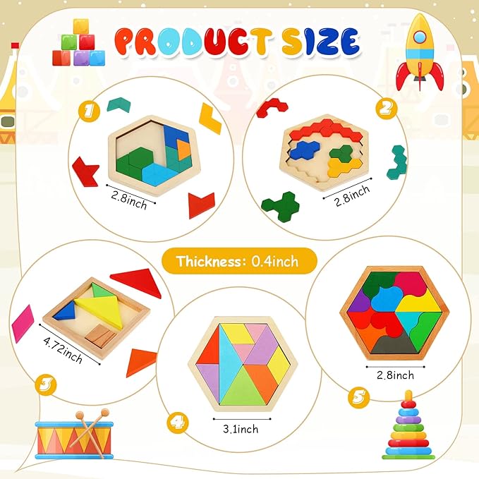 5 Pack Wooden Tangram Puzzle for Kids Wooden Hexagon Puzzle Block Teaser Geometric Shapes Tangram Games for Jigsaw 3D Logic IQ Game Gift(Geometry)
