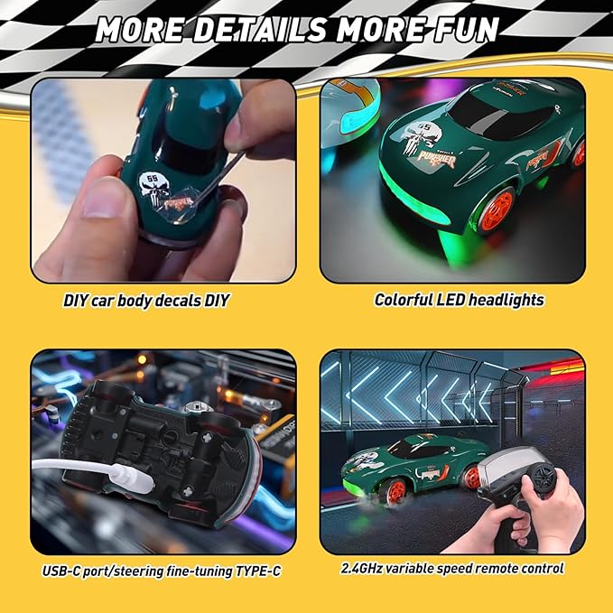 RC Drift Car 1/64 Scale Mini RC, 2.4Ghz Micro Turbo Racing 4WD Desktop Remote Control Rally Car with LED Lights for Adults Kid Toys Gift (Matte Green Concept Model)