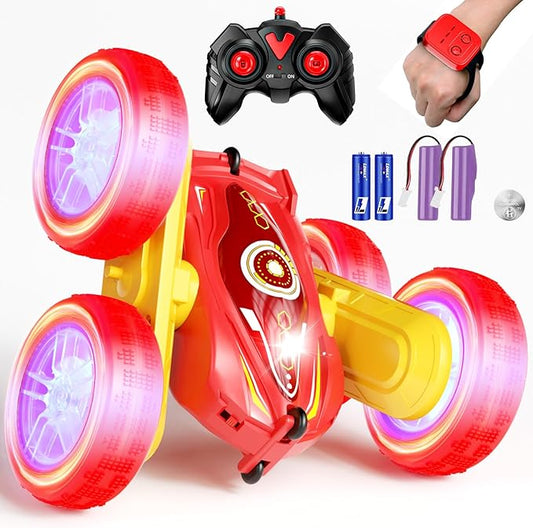 RC Stunt Cars, Gesture Sensor Remote Control Car, 4WD Remote Control Monster Trucks, 2.4Ghz RC Rock Crawler with Headlights Wheel Lights, Double Sided 360° Flips RC Car Toys for Kids Boys Girls (Red)
