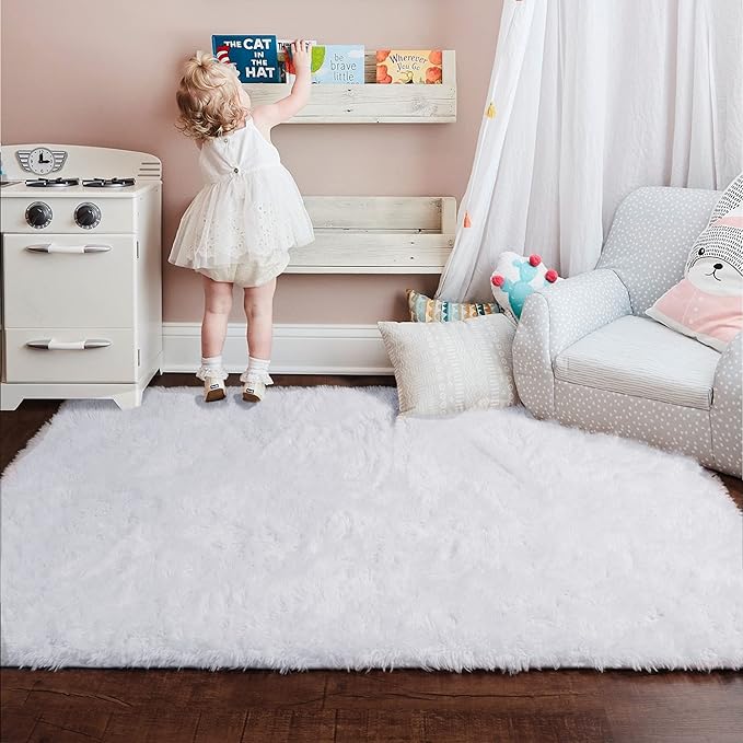 White Area Rugs for Bedroom Living Room, Fluffy Shag Rug 5x8 for Kids Room Decor, Modern Furry Plush Rugs for Baby Nursery, Teen Girls Boys, Cute Fuzzy White Fur Carpet for Dorm, Home Office, Playroom