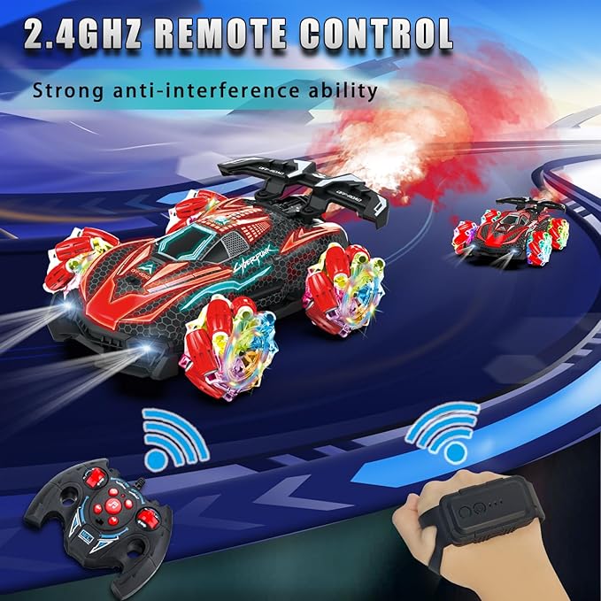 RC Gesture Sensing Stunt Car, with Spray, Light & Music, Best Toy for Boys 6-12 Years Old 360° Rotating 4WD Remote Control Transforming 2.4Ghz Manual Control Car Birthday Present (Red)