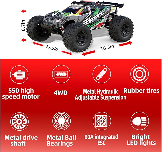 1:10 Large Brush RC Car for Adults, Fast Remote Control Car, Rc Truck 28+MPH, All Terrain 2.4Ghz Electric Hobby Grade Rc Cars, 4WD Off Road Monster Truck for Adults - Olive Green