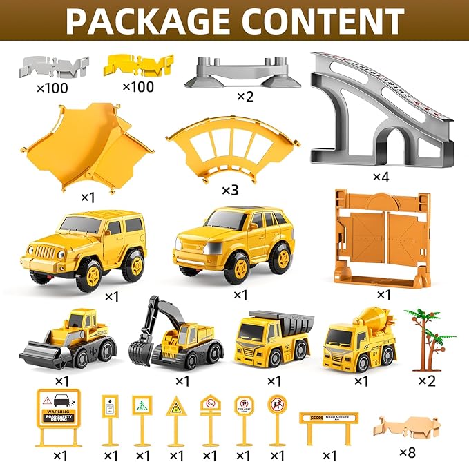 200 Pieces Construction Car Racing Track Playset for Kid 3 4 5 6 7 8 Years Old - Flexible Engineering Railway, Electrical Toy Car for Boy 3-9, Birthday Gifts for Toddler 3-5