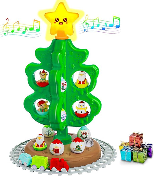 My First Christmas Tree for Kids, Light Up Star Musical Toy Toddler Christmas Tree Decoration Toy Set with Colorful Ornaments DIY Train&Track, Roly Poly Toys, Finger Puppets Xmas Gifts for Boys Girl